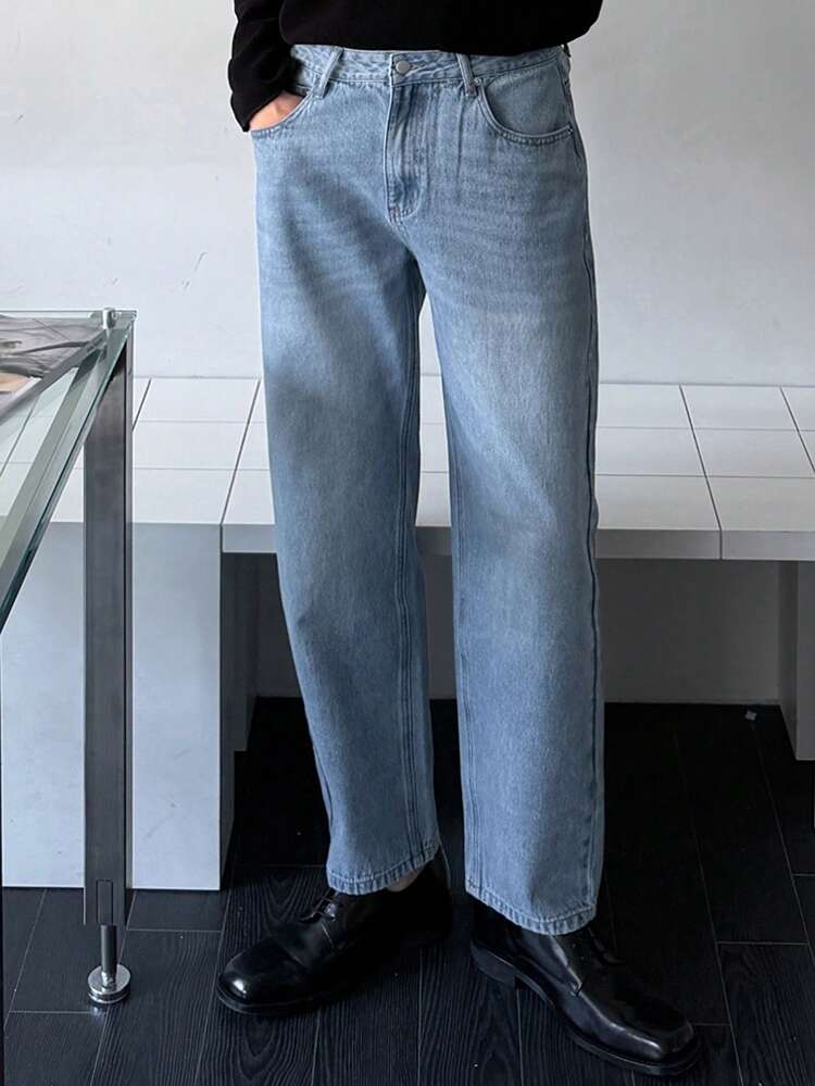 Men's Long Washed Blue Slim Fit Jeans, Suitable For Spring And Autumn