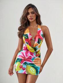 SHEIN ICON 2 piezas Vestido mini con estampado floral y de frutas, sin espalda, elegante para fiesta de playa, vacaciones y salir, para mujeres en verano - Multicolor - Ver 6