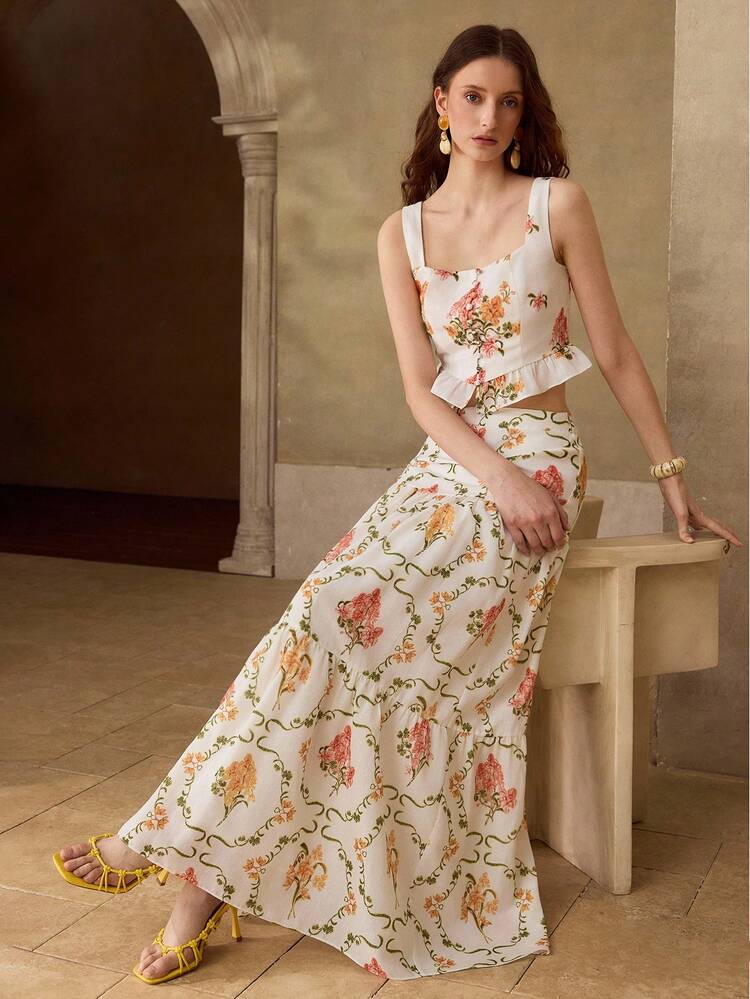 WOMEN'S FLORAL PRINT RUFFLE HEM CROP TANK TOP AND TIERED SKIRT SET, VACATION OUTFIT