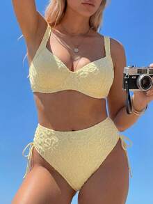Swim Mod Plus Size European And American Steel Framed Gather Swimwear Set, Soft Cup Bikini With Jacquard Texture In Light Yellow - Yellow - View 4