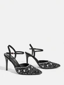 CUCCOO TILAWA Women's High-Heeled Shoes Fashion Closed Toe Pearl Decoration Pointed Stiletto Sandals Elegant, Essential For Going Out, Parties And Banquets Summer Shoes - Black - View 6