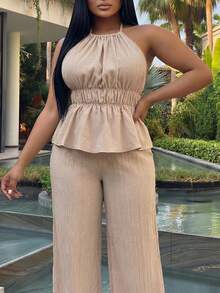 Slaydiva Women's Plus Size Elegant Dusty Pink Summer 2 Pieces Outfit,Backless Tie Strap Top & Wide Leg Pants Set For Holiday,Tea Party,Vacation & Casual Wear - Khaki - View 5