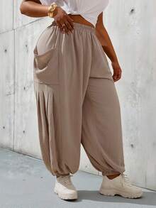 SHEIN Slayr Women's Flowy High Waist Parachute Jogger Pants With Cuffed Bottoms, Comfortable Loose Fit Loungewear, Brown Working Pants Yoga Wrap Around Pants Women's Trousers Summer Women's Summer Outfits Pants With Skirt Attached - Coffee Brown - View 4