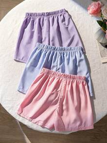 Sparklyn Tween Girls 3 PiecesStriped Shorts Set For Summer, Yellow/Blue/Pink, Bow Waist Loose Fit Comfortable For Daily Wear, Playtime, Home Relaxation - Multicolor - View 2