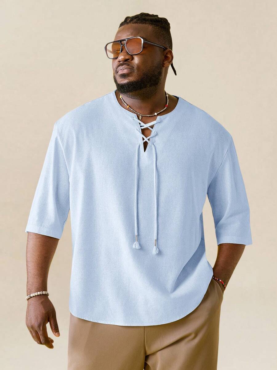 EASEVO Camisa informal holgada de manga corta y medio abotonada para hombres de talla grande, adecuada para el verano - Celeste - Ver 1