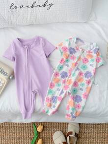 SHEIN 2件套新生女宝宝可爱碎花针织短袖连体衣 - 淡紫色 - 查看 4