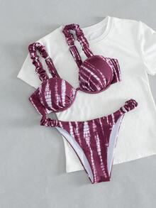 Breezaya Conjunto de bikini con tirantes plisados y aros, con diseño de fruncido lateral y estampado floral rojo vino, adecuado para vacaciones en la playa - Multicolor - Ver 4