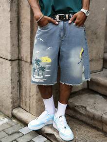 Manfinity EMRG Quần short denim đính đá phong cách đường phố Mỹ - Màu xanh lam - Xem 7