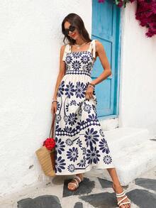 Vivid Eden 女士优雅浪漫印花沙滩度假吊带蓝色连衣裙，春夏款 - 藍白色 - 查看 11