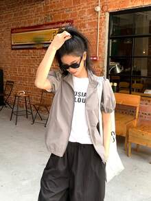 DAZY Women's Solid Color Short Sleeve Casual Korean Style Jacket Summer - Coffee Brown - View 3
