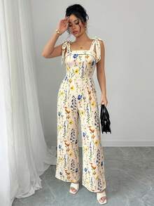 Rafferiza Women's Floral Print Jumpsuit, Fashionable For Spring/Summer Vacation - Apricot - View 3