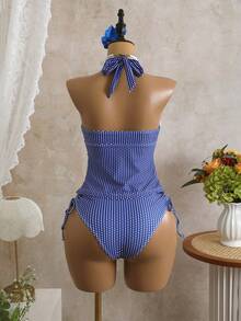 Swim Vcay New Summer European And American Beach Vacation Polka Dot Lace Trim Halter Tankini Swimsuit Set - Blue - View 2