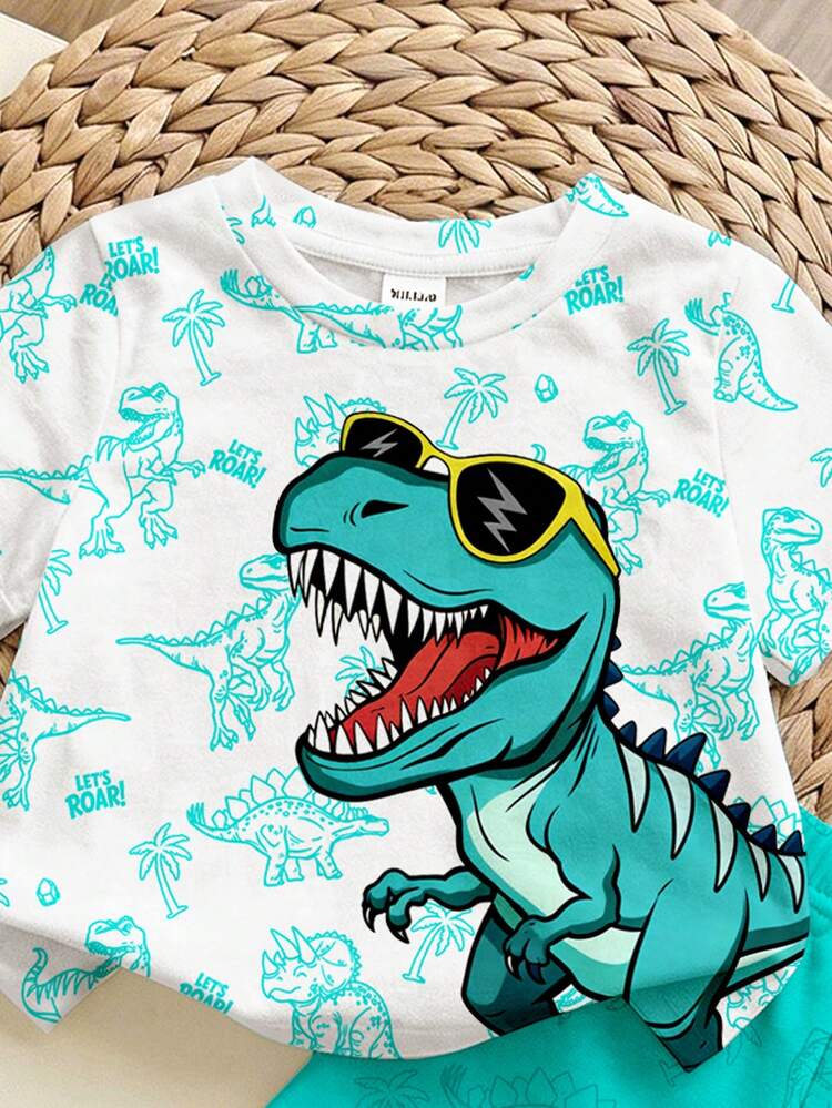 SHEIN 两件套男童休闲可爱卡通动物恐龙印花圆领短袖T恤和短裤套装，适合夏季、街头风、日常穿着、外出、居家、度假、春夏时尚、夏季穿搭、轻松舒适、适合儿童叠穿、时尚童装、休闲装、儿童图案T恤、返校季、春夏服装、返校节 - 彩色 - 查看 5