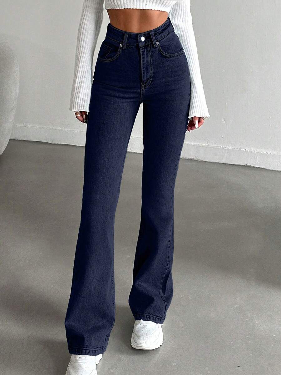 SHEIN HIGH RISE FLARE FIT LIGHT BLUE JEAN - Dark Wash - View 1