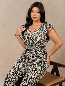 SHEIN LUNE Apricot V-Neck Cap Sleeve Vintage Geometric Pattern Plus Size Jumpsuit - Apricot - View 7
