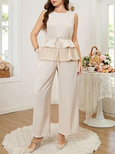 Reflora Plus Size Women 2pcs Set: Drawstring Waist Tank Top And Wide Leg Pants