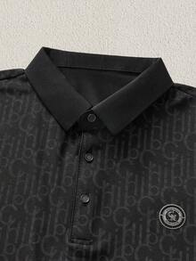 Mercer Haus 男士夏季字母迷你华夫格图案 Polo 衫，时尚翻领轻便商务休闲装 - 黑色 - 查看 3