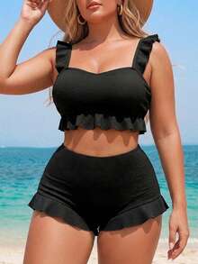 Swim Vcay Plus Size 2-Piece Bikini Set For Women,Elegant Black Textured Tankini Top,Ruffle Trim Square Neck & Shorts,Summer,Beach,Holiday,Formal,Evening - Black - View 5
