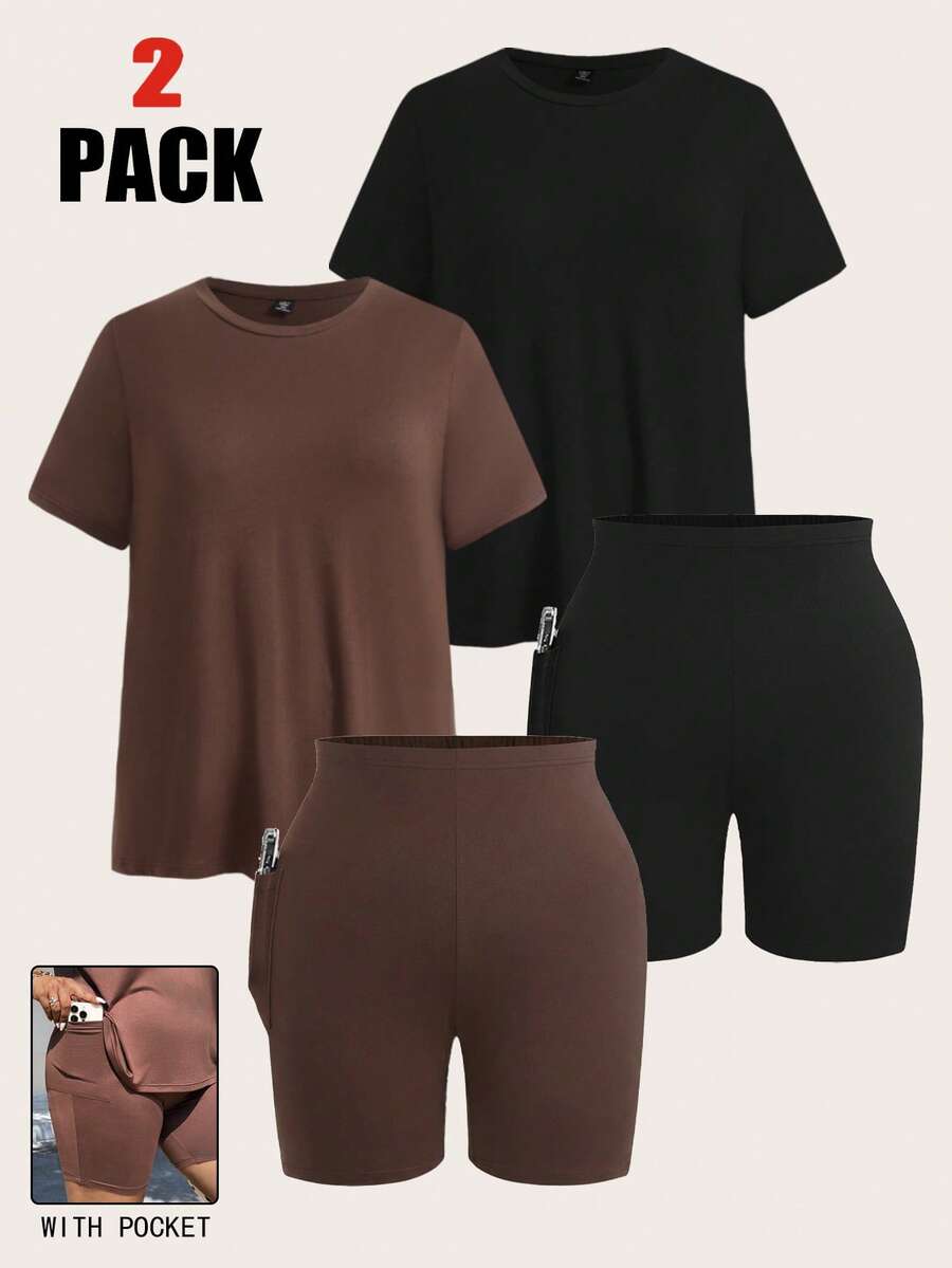 Muchica Plus Size Women's Solid Color Round Neck Short Sleeve Casual T-Shirt And Shorts 2-Piece Set, Spring/Summer - Multicolor - View 1