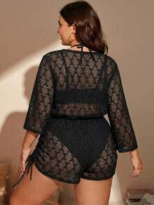 SHEIN Swim 大码女式V领裹身连体衣 - 黑色 - 查看 2