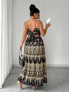 SHEIN Clasi Plus Size Women's Elegant New Geometric Print Bow Backless Camisole Dress Vacation Style Gym Brown Summer - Multicolor - View 2
