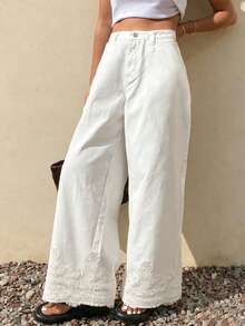 Dazy-Less Women's Loose Fit Lace Patchwork White Jeans With Decorative Hem Design, Suitable For Spring And Summer - Beige - View 1