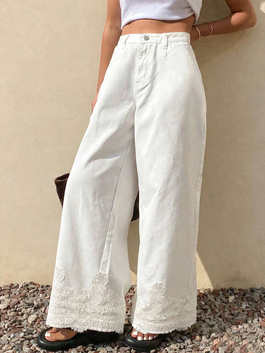 Dazy-Less Women's Loose Fit Lace Patchwork White Jeans With Decorative Hem Design, Suitable For Spring And Summer - Beige - View 1