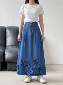 SHEIN 青少年女孩休閒優雅深色純色水洗牛仔長裙，百褶設計，秋冬優雅牛仔裙，商務專業工作女孩，女孩返校返鄉 Y2K 夏季淺色水洗寬鬆百慕達休閒街頭風，舒適時尚，休閒街頭風，夏季，適合春夏穿著，優雅度假穿著，春假夏季海灘度假穿著，舒適時尚，休閒街頭風，夏季，適合春夏穿著，優雅度假穿著，春假夏季海灘度假穿著，節慶派對婚禮畢業舞會生日休閒度假 - 藍色 - 查看 4