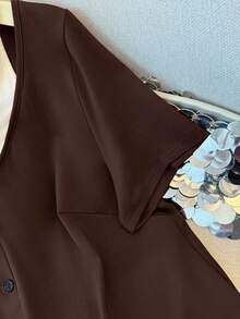 GlowEve CURVE Plus Size Coffee Brown Casual Knitted T-Shirt Regular Sleeve Top With Contrast V-Neck Design For Women - Coffee Brown - View 6