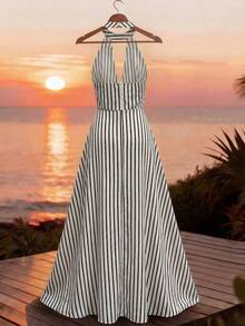 GlowEve Women's Striped Halter Casual Party Long Dress - Black and White - View 2