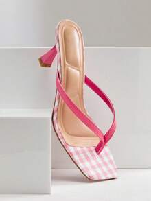 SHUZIA Women Comfortable Check Fabric Kitten Heel Square Toe Thong Heeled Sandals - Pink - View 7