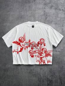 Manfinity ZONE917 宽松短款休闲时尚红色天使花卉印花白色短袖T恤，送给朋友的礼物，超大版型 - 白色 - 查看 1