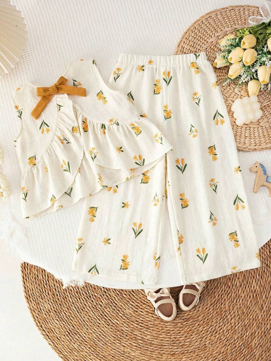 SHEIN LMoss Kids 女童纯色针织宽松休闲圆领上衣和裤子套装,夏季 - 白色 - 查看 1