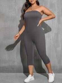 SHEIN Essnce Bộ áo liền quần ôm sát màu trơn dáng rộng dành cho nữ cỡ lớn, kiểu dáng thường ngày. - Màu xám đen - Xem 5