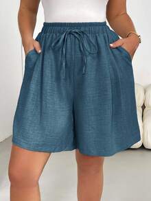 SHEIN Essnce Quần short kaki dáng suông, thoải mái, rộng rãi, đa năng dành cho nữ mùa xuân hè, kiểu dáng đơn giản, thích hợp mặc hàng ngày, cạp chun, ôm sát, phong cách châu Âu, trang phục sân bay cho nữ, phong cách Boho, trang phục đi nghỉ mát, quần short ôm dáng, phong cách cổ điển, quần short thoải mái, quần short rộng rãi, quần short Bermuda. - Màu xanh lam - Xem 7