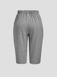 Linhara CURVE Plus Size Women's Spring/Summer Linen Striped Casual Comfortable Basic Striped Pants, Everyday/Vacation/Beach Pants With Button Decor Capri Pants Women's Country Clothing Casual Pants For Women Striped Trousers - Black - View 2