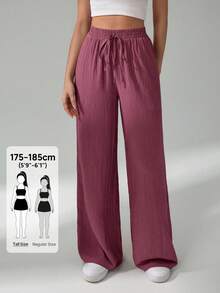 SHEIN Tall Women's Casual Long Purple Woven Fabric Pants With Pockets And Drawstring Waist - Purple - View 1