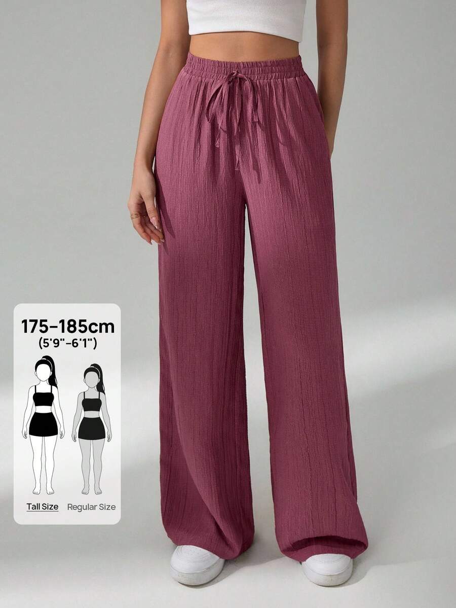 SHEIN Tall Women's Casual Long Purple Woven Fabric Pants With Pockets And Drawstring Waist - Purple - View 1