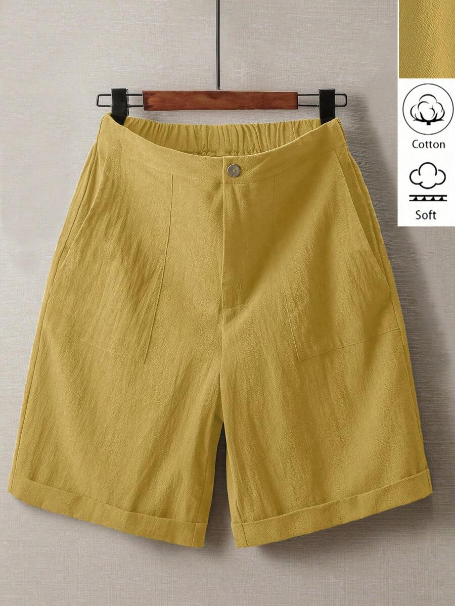 Linhara Pantalones cortos de talla grande de unicolor, estilo casual de vacaciones - Amarillo - Ver 1