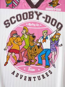 SCOOBY-DOO X SHEIN 大码女式夏季休闲运动日常通勤时尚街头趣味卡通字母印花撞色V领宽松T恤 - 粉色 - 查看 4