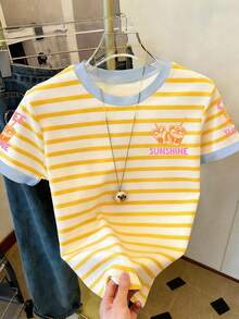 Resyla 女士字母条纹印花休闲圆领短袖T恤 - 彩色 - 查看 5