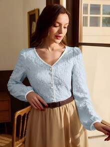 Vintamour Chemise décontractée de vacances à boutons avec empiècement texturé jacquard floral élégant vintage pour femmes. Vêtements d'automne, tenues d'automne, vêtements d'hiver, vêtements de Noël, blouses élégantes pour femmes, tenues de Noël pour femmes - Bleu ciel - Voir 6
