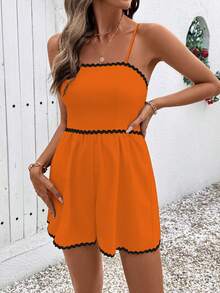 Breezaya Burnt Orange Casual Jumpsuit,Summer Boho Elegant Beach Vacation Holiday,Spaghetti Strap Contrast Color Lace Patchwork Beach Outfit For Women - Coral Orange - View 4