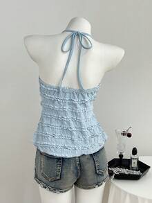 Elamini 夏季性感甜美纹理面料抽绳无肩带系带露脐吊带背心 - 藍色 - 查看 2