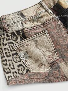 ROMWE Hippie Vintage Animal & Retro Print Sexy Mini Denim Shorts, Low Waist Summer Outfits - Multicolor - View 4