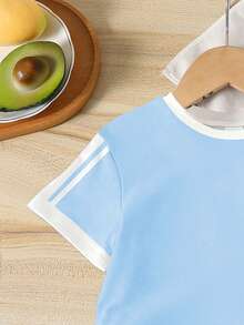 Bộ áo và quần short giả nơ màu xanh dương cho bé gái, trang phục thường ngày mùa hè cho trẻ em, quần short đạp xe kẻ sọc tương phản kiểu thể thao. - Nhiều màu - Xem 5