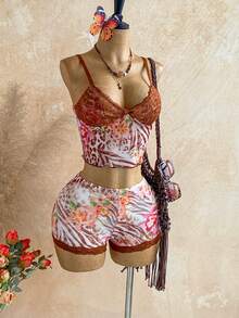 SHEIN WYWH Women's Summer Vacation Contrast Lace Animal Print Camisole And Shorts 2 Pieces Set - Multicolor - View 6