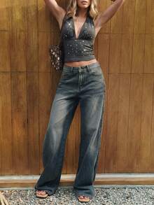 Opulessa 女士性感金属装饰露背吊带上衣，夏季 - 深灰色 - 查看 2