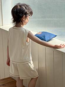 Dazy Kids 男童无袖上衣和短裤套装，轻便夏季家居服 - 杏色 - 查看 2