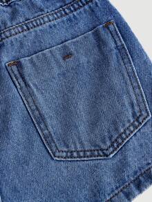 SHEIN Girlism Tween Girls Light Blue Washed Denim Asymmetrical Button Skort And Shorts, Summer Y2K Vacation - Dark Wash - View 4